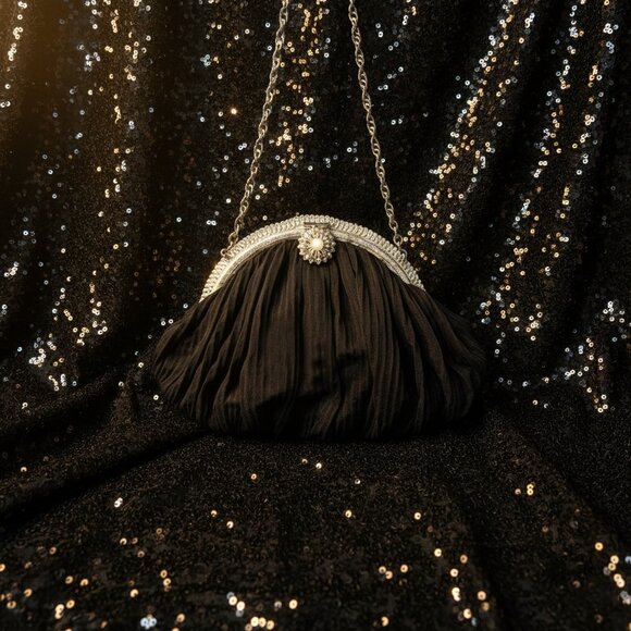 Vintage Pleated Evening Mini Bag Black Short Chain Elegant & Delicate - Picture 2 of 9